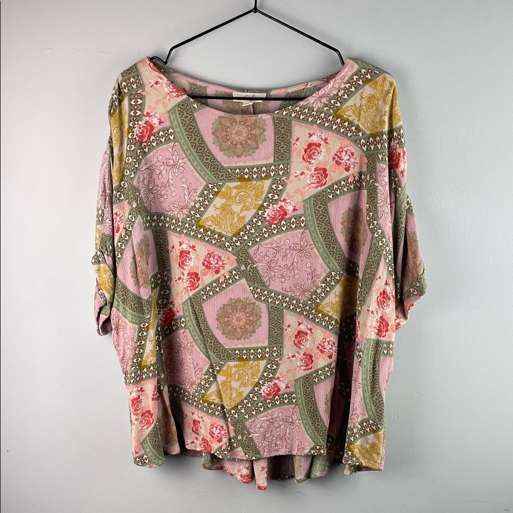 Easel Women's Pink Patchwork Floral Dolman Top Size S